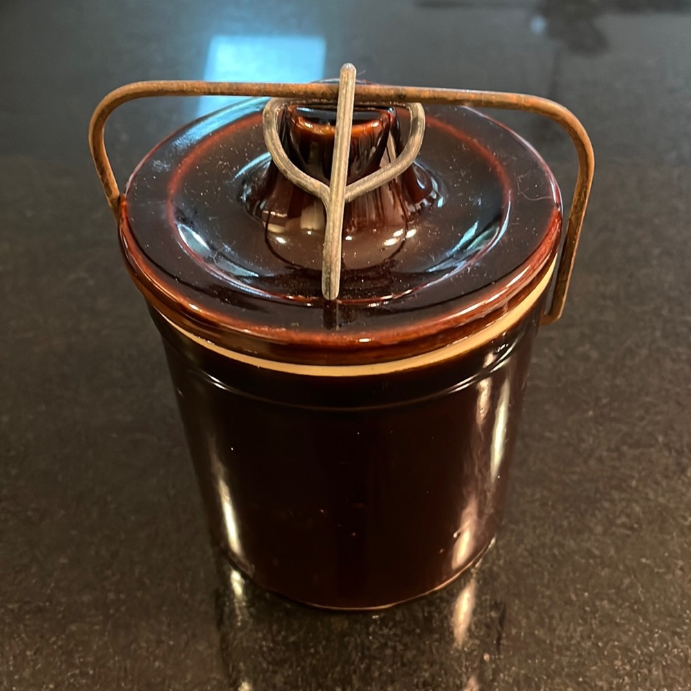 Small Brown Glazed Crock With Seal and Metal Handle Closure